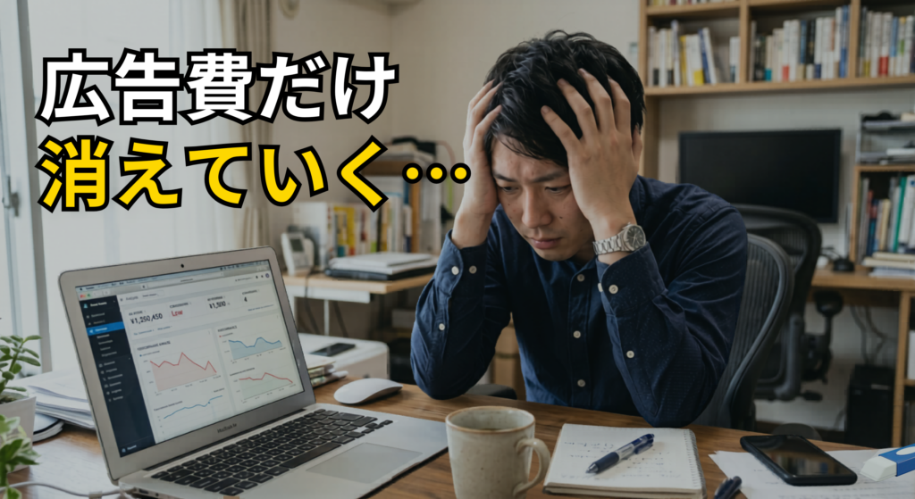 広告費だけ消えていく悩みを抱える中小企業の担当者がパソコンの前で頭を抱えている様子
